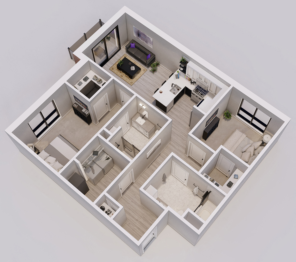 Floor plan for 2 beds, 2 baths, 1035 sqft